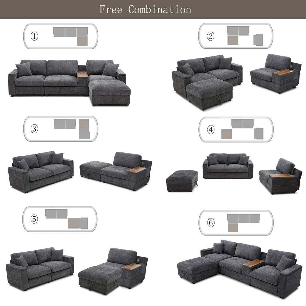 120.3" Modular Sectional Sofa, Oversized Comfy Cloud Couch, 4 Seater L Shaped Couch with Storage Armrest, Ottoman, USB Ports, Cup Holder, Table, Modern Linen Couches for Living Room, Gray