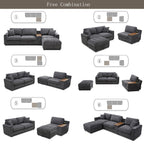 120.3" Modular Sectional Sofa, Oversized Comfy Cloud Couch, 4 Seater L Shaped Couch with Storage Armrest, Ottoman, USB Ports, Cup Holder, Table, Modern Linen Couches for Living Room, Gray