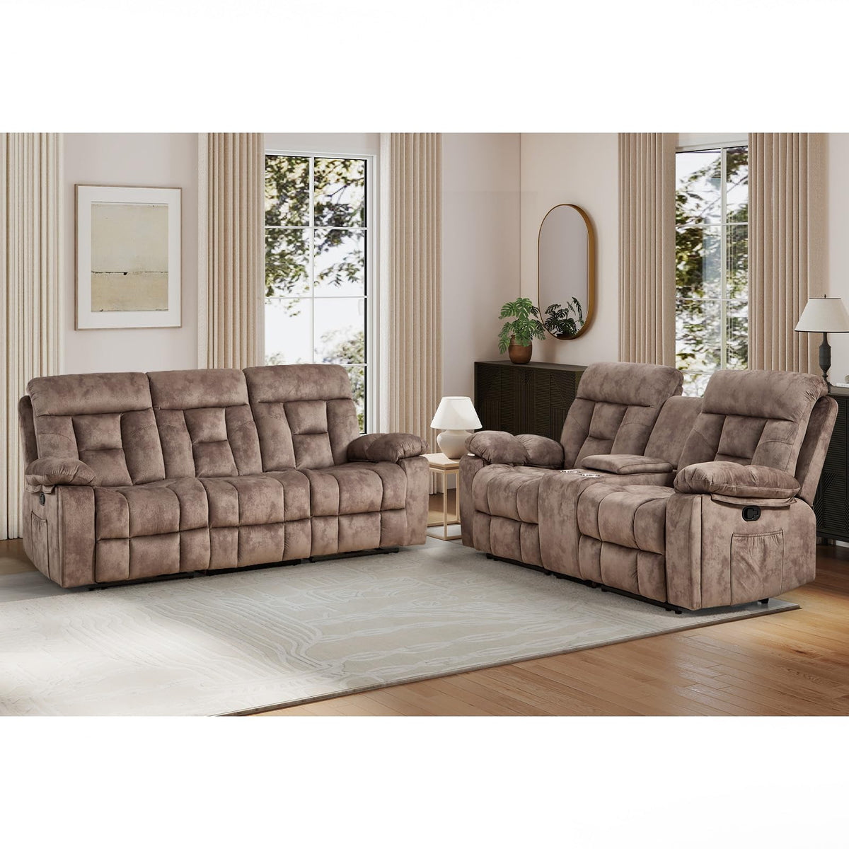 EBELLO 2 Piece Reclining Living Room Set, Soft Fabric Recliner Sofa Furniture Set, Included Power Lift Recliner Chair with Massage and Heat and 3 Seat Sofa, Dark Greenish-Grey