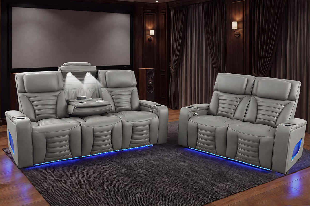 Zero Gravity Power Reclining Sofa Adjustable Headrest & 7 Colors LED Lighting, Power Recliner Sofa with Reading Lighting, Armrest Storage for Home Theater, RV