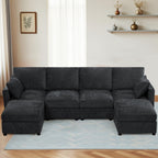110" Chenille 4 Seats Couch with 2 Ottomans, Black
