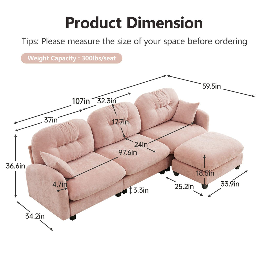 107" L Shaped Couch, Chenille Upholstered Modular Sectional Sofa, 3 Seater Deep Seat Sofa with Movable Ottoman, Modern Cloud Couch with Thick Seat Cushion, Sectional Couches for Living Room, Pink