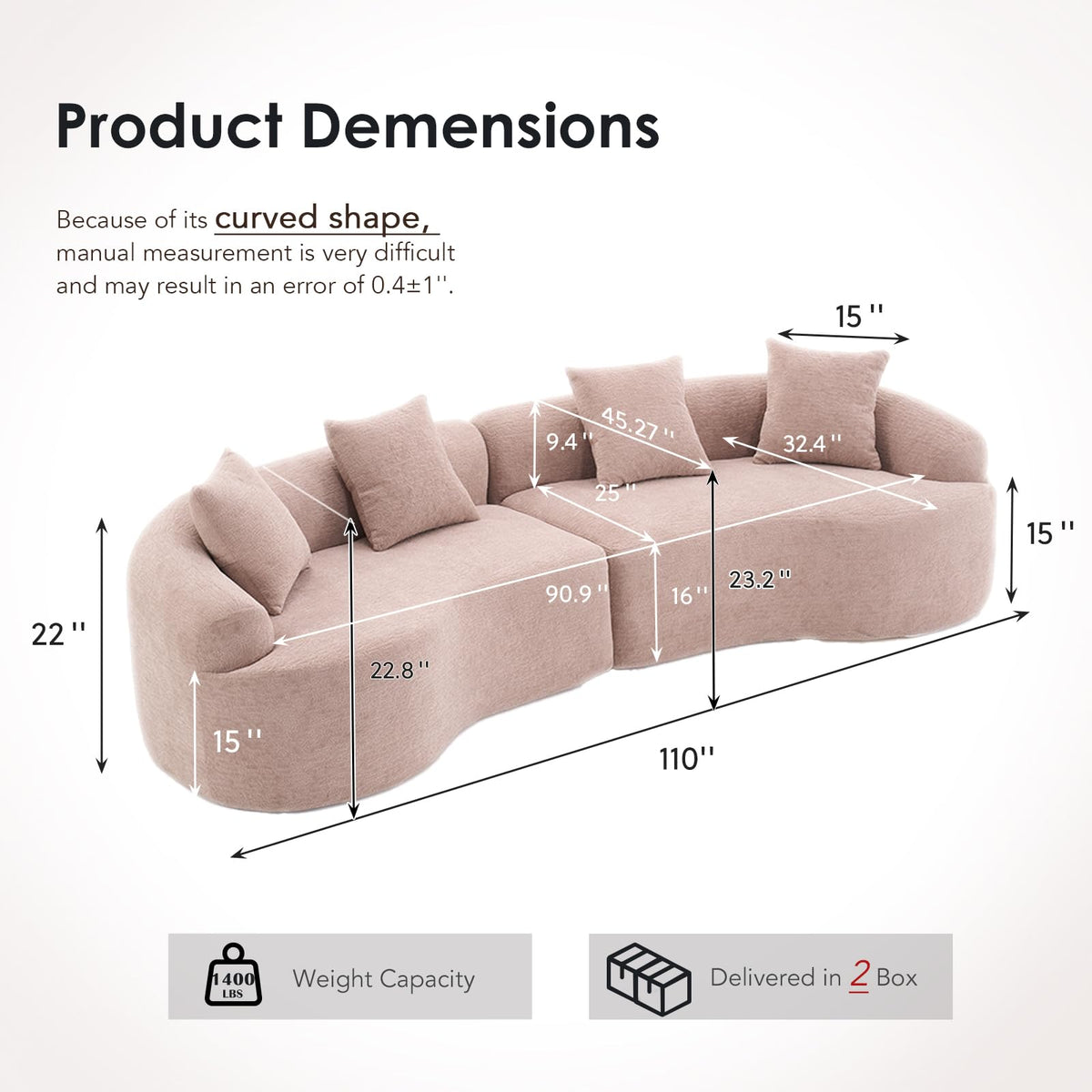 110" Chenille Modular Sleeper Sofa 30D with Pillows，Beige