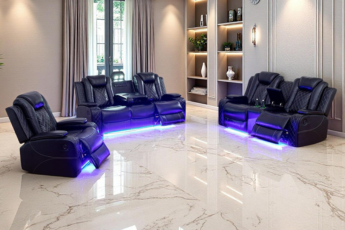 Power Recliner Sofa Set with LED Light, Black Leather Sectional Sofa and Chair Set, Living Room Furniture Sets, Modern Power Reclining Sets with Storage Console for House