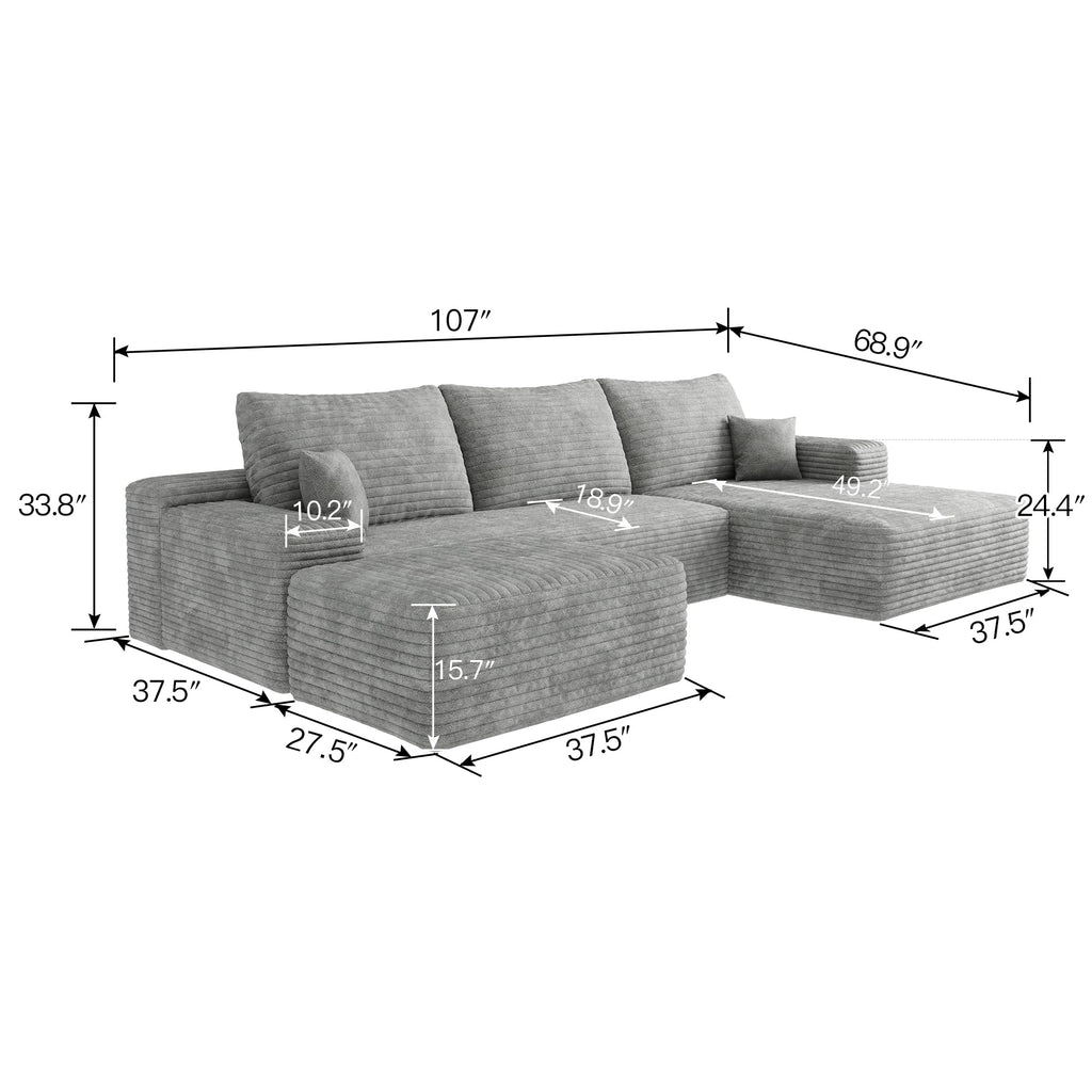 107" Plush‑Fabric Multi‑Functional Sectional Sofa, Upholstered Sleeper with Deep Seat, Free Combination Couch with Movable Ottoman for Living Space, Grey