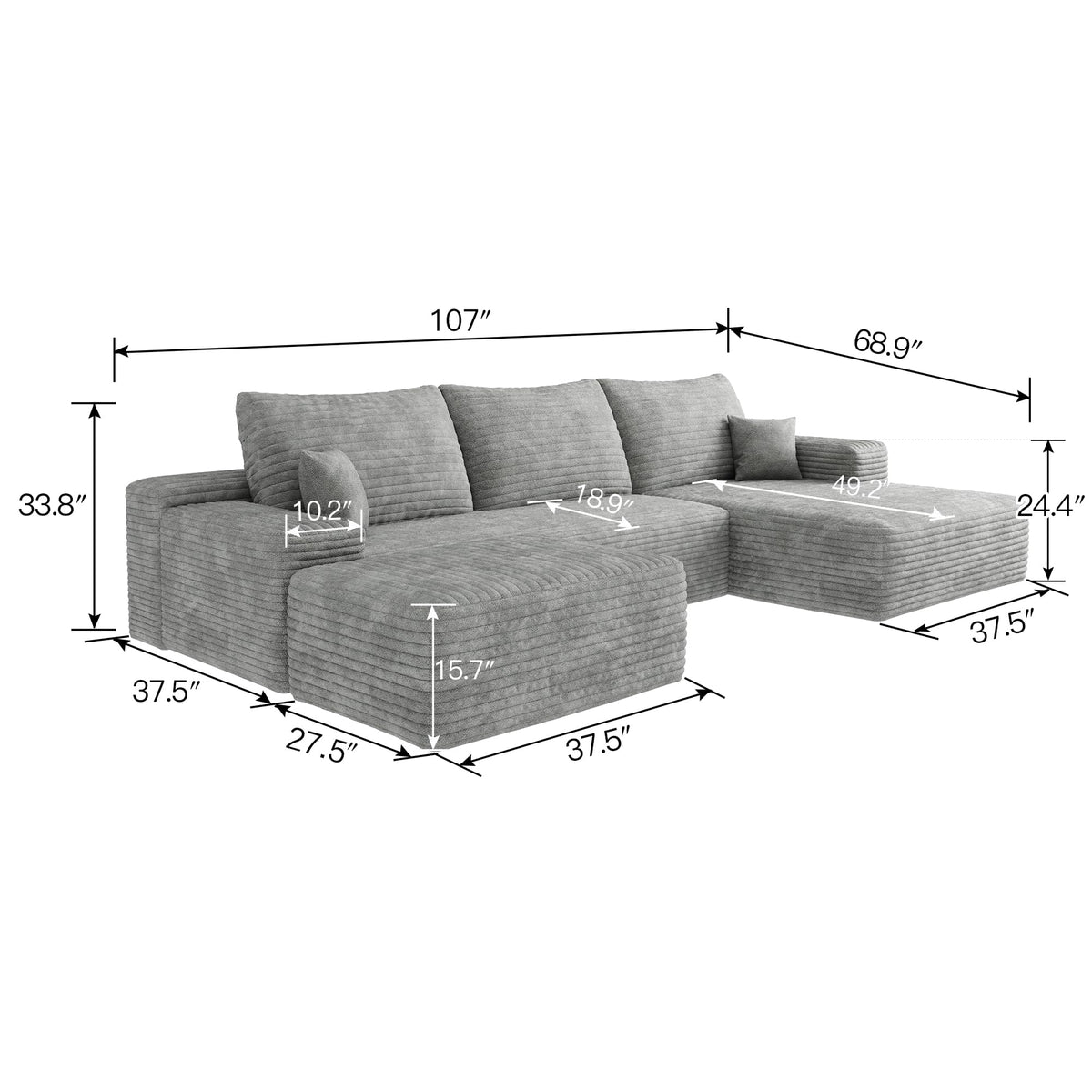 107" Plush‑Fabric Multi‑Functional Sectional Sofa, Upholstered Sleeper with Deep Seat, Free Combination Couch with Movable Ottoman for Living Space, Grey