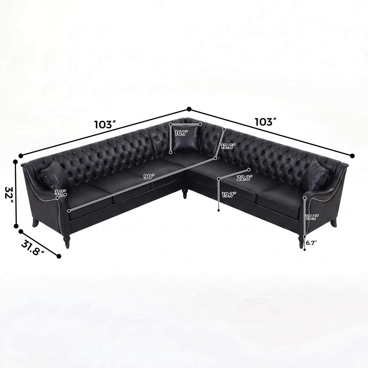 103" L-Shaped Chesterfield Sofa, Tufted PU Leather Sectional Couches for Living Room, 6-Seat Vintage Corner Couch, Black