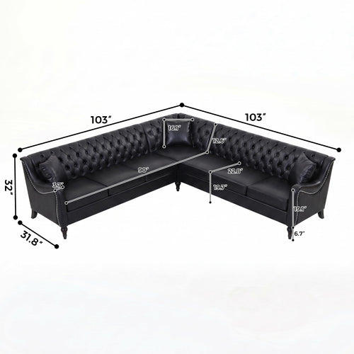 103" L-Shaped Chesterfield Sofa, Tufted PU Leather Sectional Couches for Living Room, 6-Seat Vintage Corner Couch, Black