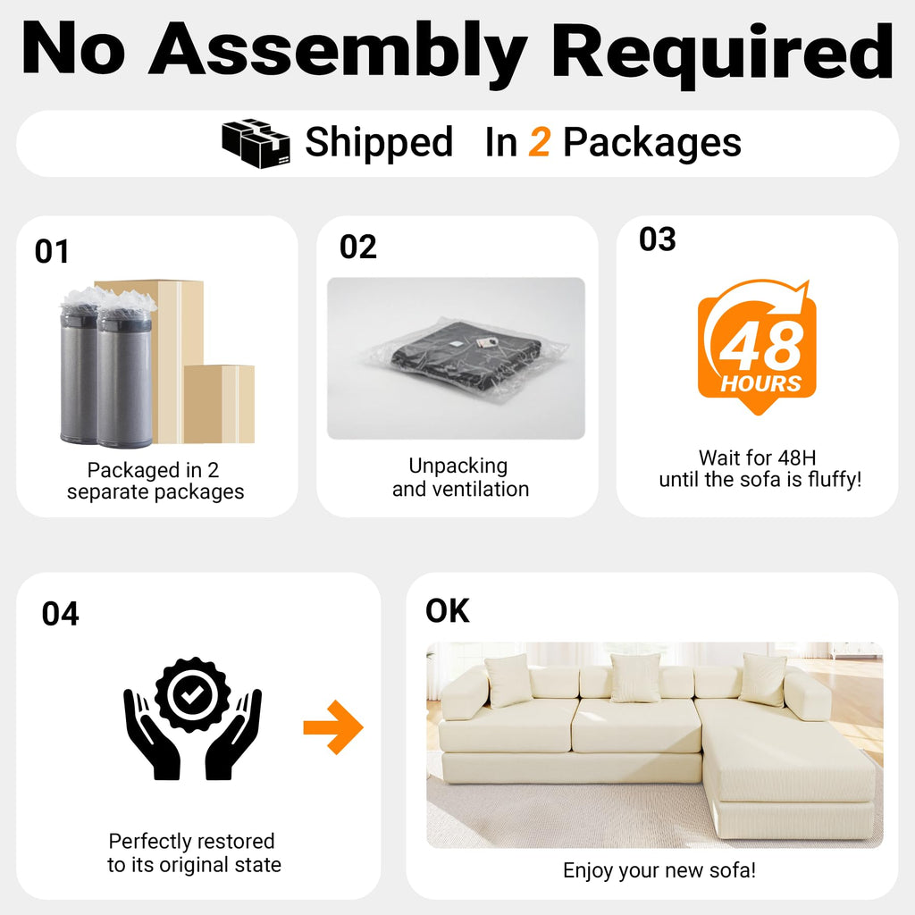 108" Convertible Folding Sofa Bed, L Shaped Modular Sectional Couchs with Fixed-Shape Frame, Corduroy Boneless Couch Bed, Cloud Mattress Sofa Sleeper Couch for Living Room (Beige, 108" W)