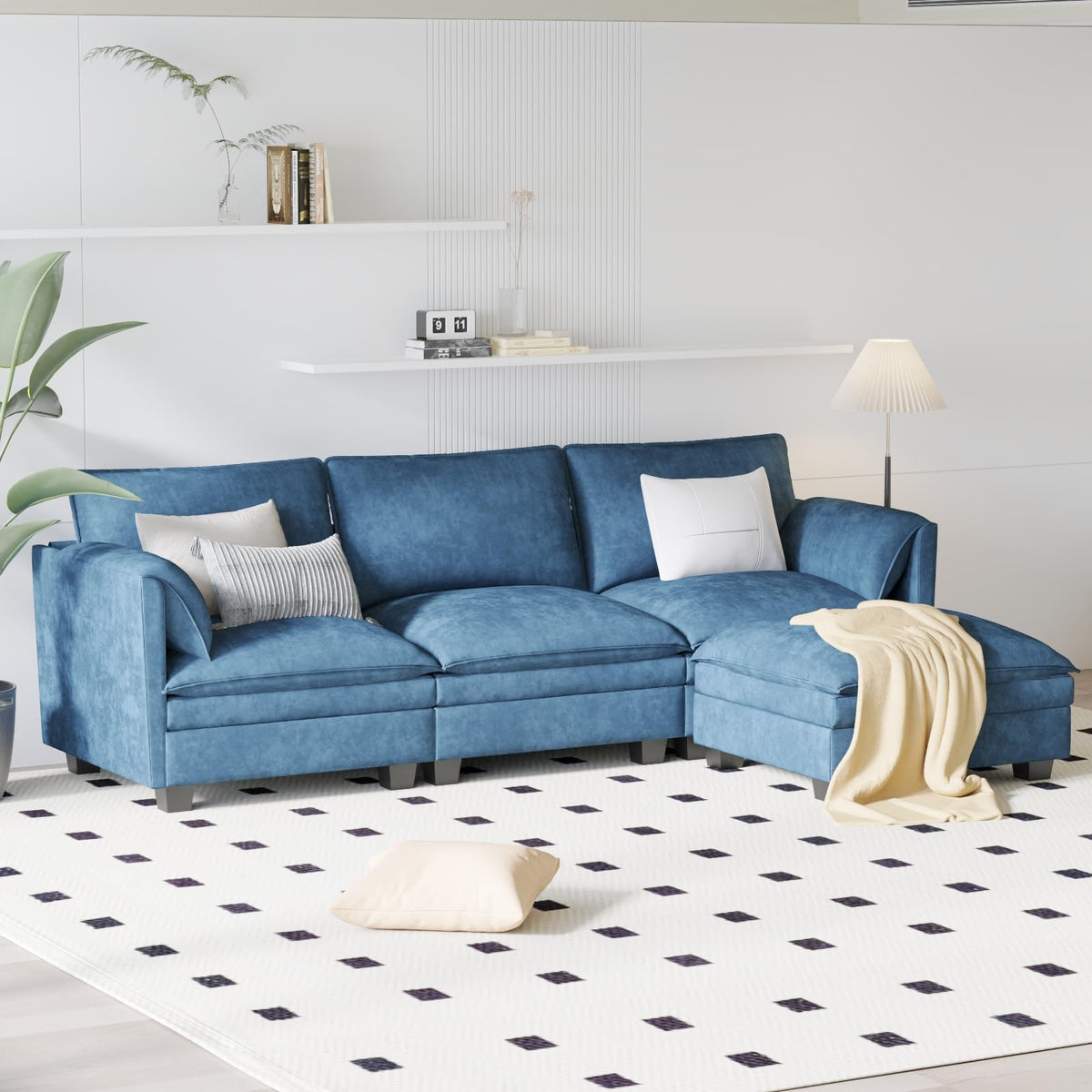 107.8'' Large Size 3 Seater Sofa Couch, L Shaped Sofas with Movable Ottoman, Arm with Pockets,Fabric Couches for Living Room, Apartment, Office