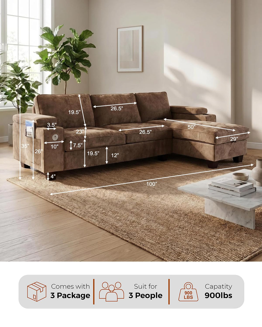 100" L Shaped Sectional Sofa with Hidden Armrest Storage, USB & Type-C Charging Ports, 4-Position Adjustable Armrests, Built-in Cup Holders, Upholstered Couch for Living Room, Brown