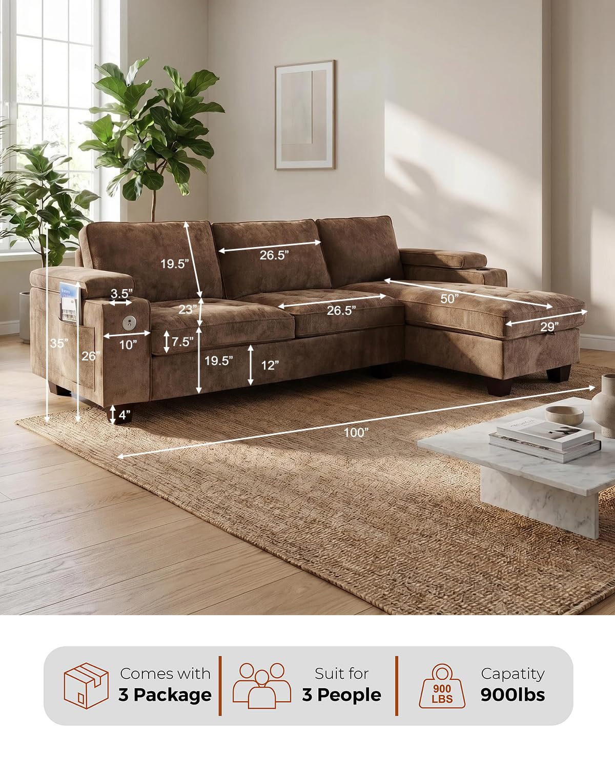 100" L Shaped Sectional Sofa with Hidden Armrest Storage, USB & Type-C Charging Ports, 4-Position Adjustable Armrests, Built-in Cup Holders, Upholstered Couch for Living Room, Brown