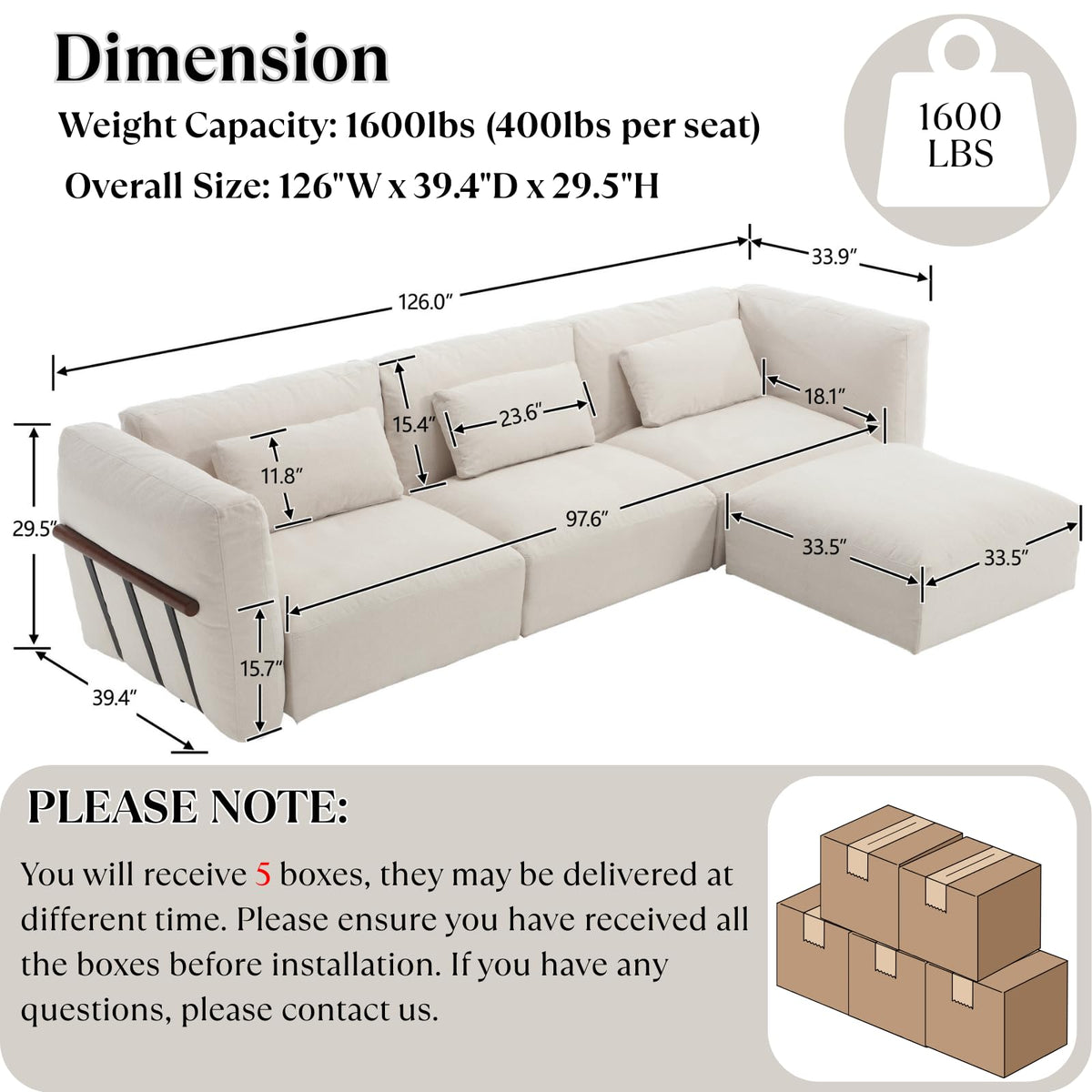 Ya-Home Modular Sectional Sofa Couch, Modern L Shaped 3 Seat Sectional Couches with Movable Ottoman, Chenille Upholstered Cloud Comfy Sofa Couches with Solid Wood Frame for Living Room, Beige