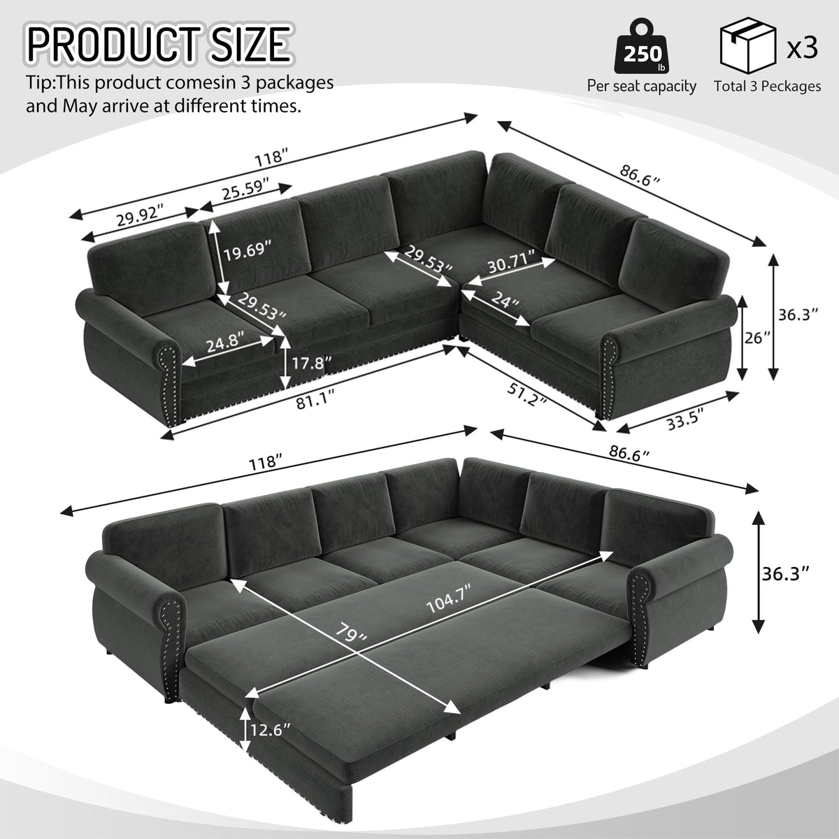 118'' Pull Out Couch, Convertible Sleeper Sofa Bed, Upholstered Sectional Sofa, Chenille L-Shaped Couch with Nailhead Trim, Modern Sectional Couches for Living Room, Apartment, Dark Grey
