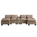 125" U Shaped Cloud Modular Sectional Couch for Living Room, Small Comfy Sherpa Sofa with Double Chaise Lounge, Storage Central Console, Cup Holders, USB Port, Camel