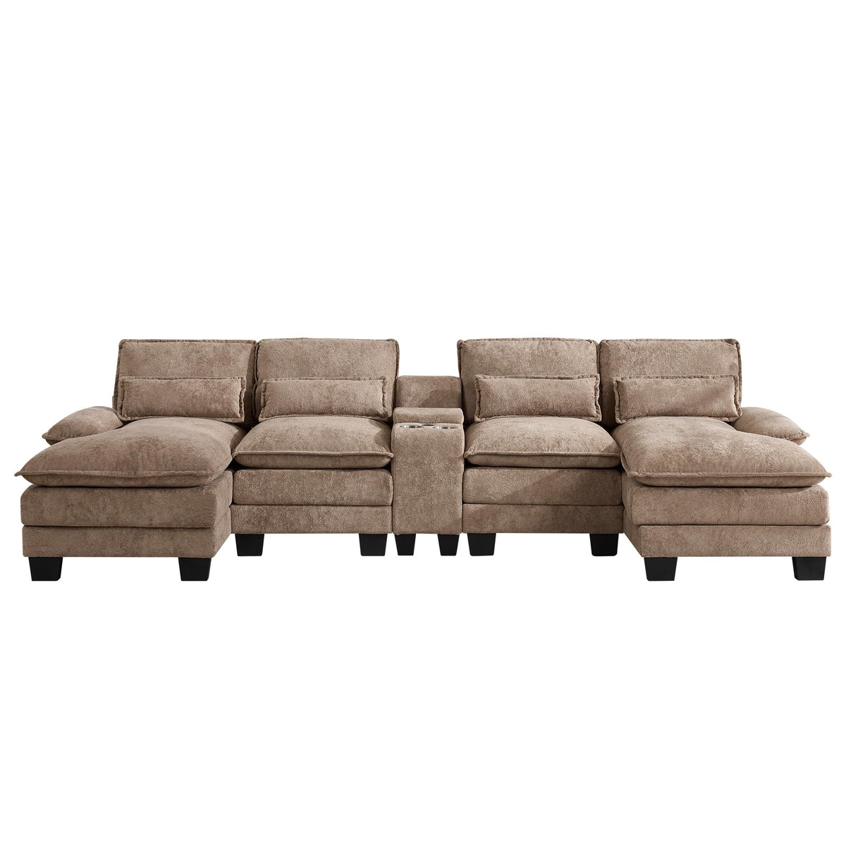125" U Shaped Cloud Modular Sectional Couch for Living Room, Small Comfy Sherpa Sofa with Double Chaise Lounge, Storage Central Console, Cup Holders, USB Port, Camel