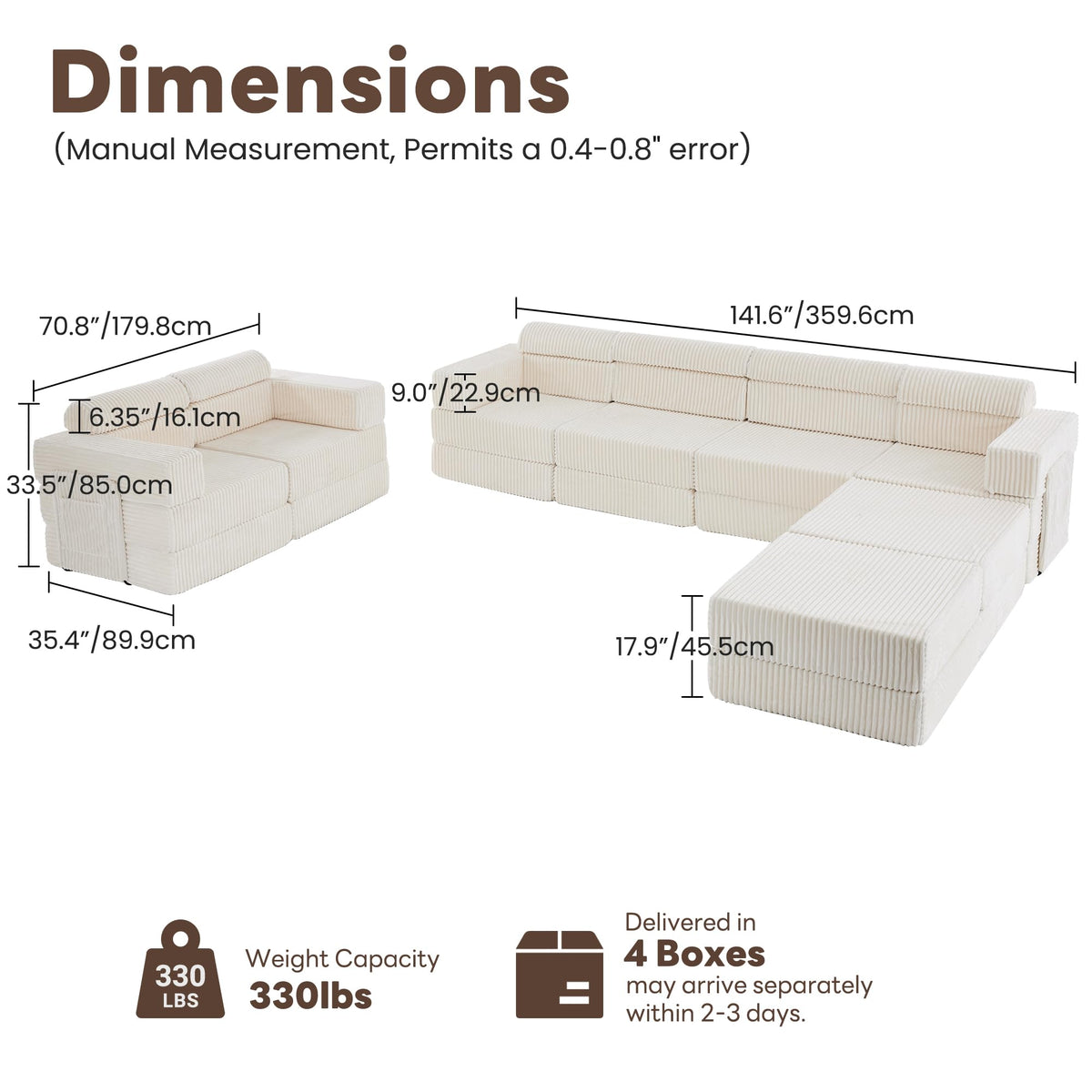 Tbfit Modular L Shaped Sectional Boneless Couch, Convertible Futon Sofa Bed, Corduroy Cloud Mattress Sleeper Sofa, Comfy Folding Upholstered Floor Couches for Living Room, Bedroom, Beige