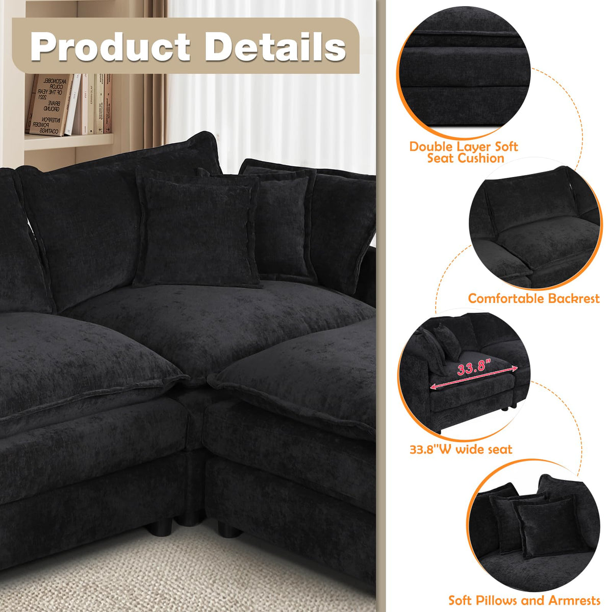 106.5" Modular Sectional Sofa, L-Shaped Cloud Couch