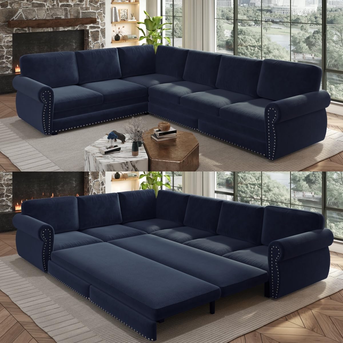 118" L-Shaped Sectional Sleeper Sofa Bed with Pull Out Couch, Dark Grey