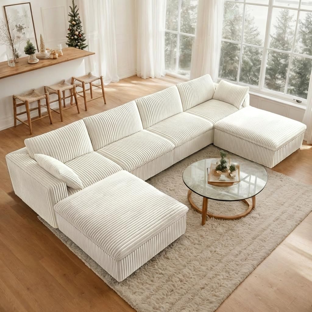118.2" L‑Shape Modular Cloud Sectional Sofa, 3‑Seater Couch with Ottoman