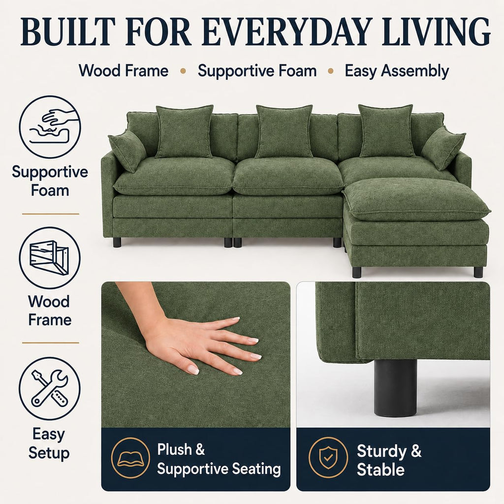 108" Modular Sectional Sofa with Ottoman, Chenille, Green