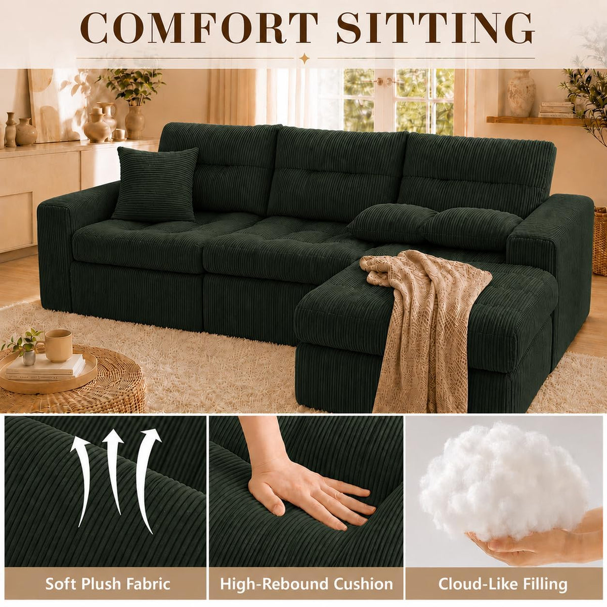 113.4 in Modular Corduroy Sectional Sofa, Green