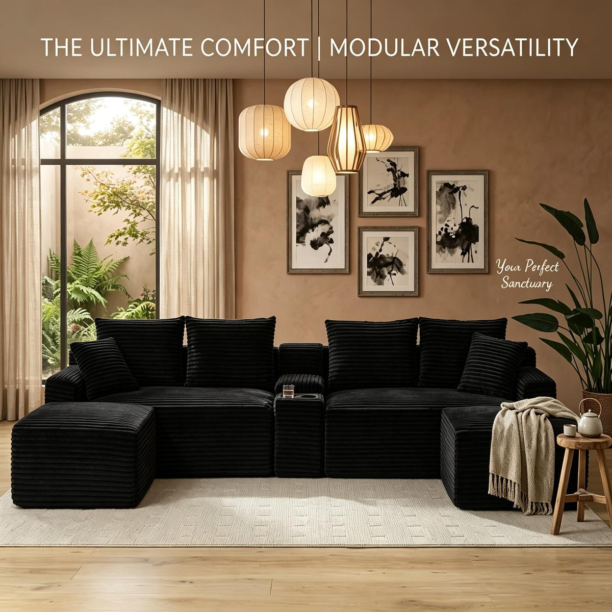 127" U-Shaped Cloud Sectional Modular Boneless Couch with Console，Black