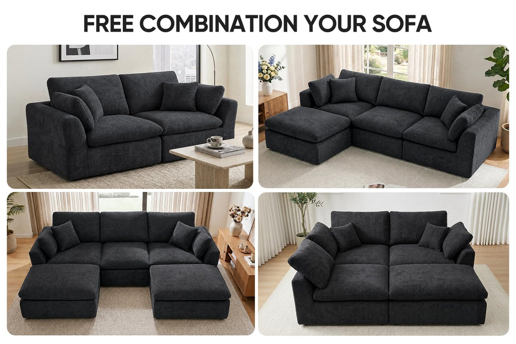 127" Cloud Sofa, U-Shape 3-Seater Modular Couch with 2 Ottomans, Black