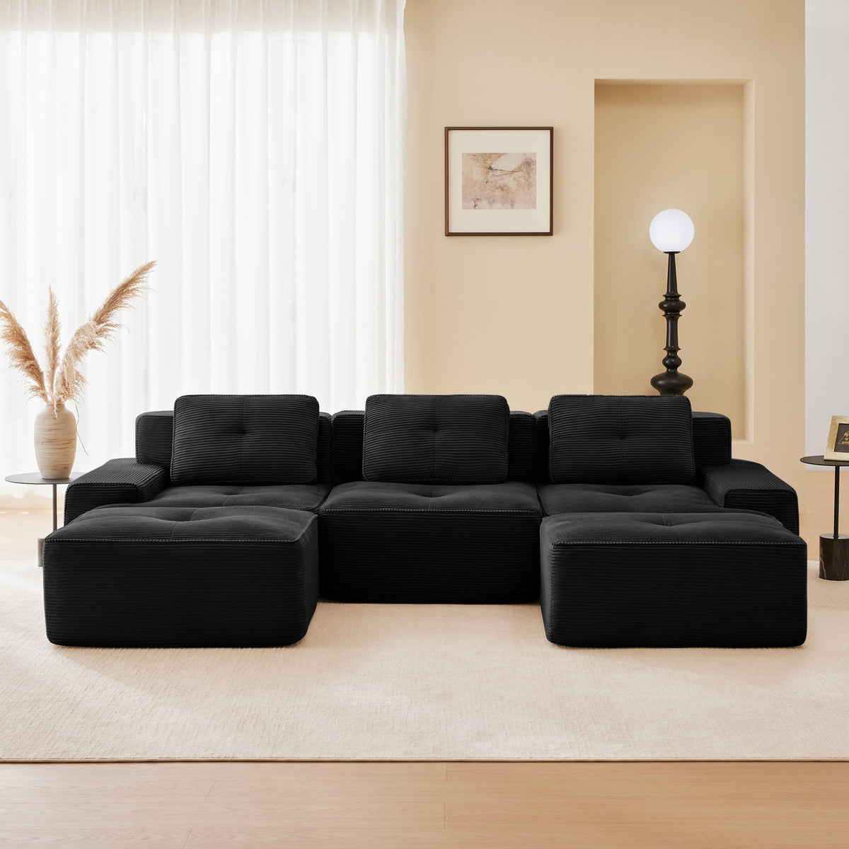 115.3” Camel Boneless Couches for Living Room, Modular Sectional Sofa with L-Shape Chaise, 3 Seater Comfy Upholstered Deep Seat Corduroy Fabric Cloud Couch No Assembly, Anti-Slip Design