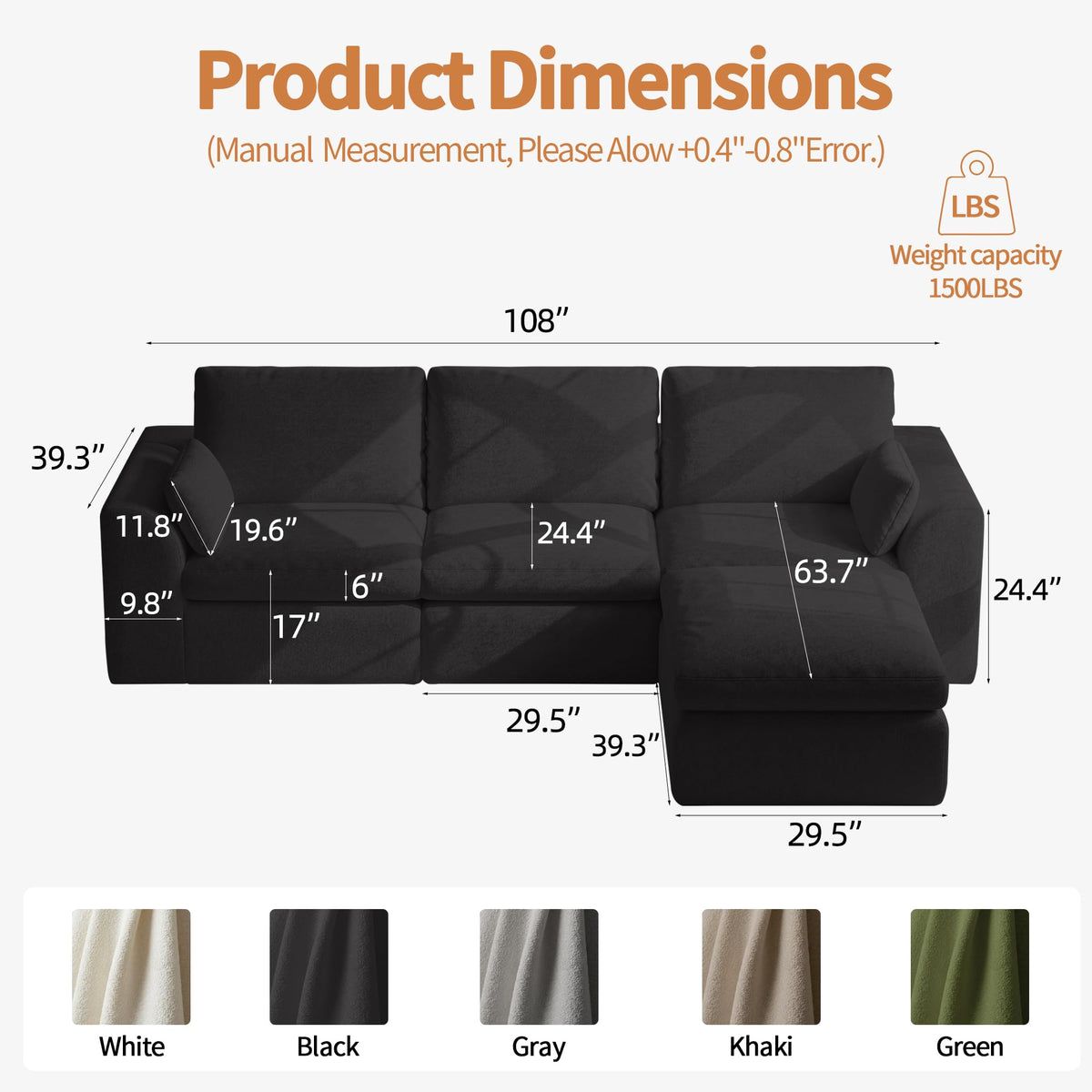 108" Cloud Couch Sectional, Ultra Soft Modular Sofa for Living Room, Comfy Deep Seat L Shaped Couch with Ottoman, No Assembly Required, Compressed Memory Foam Cloud-Like Sofa, Black