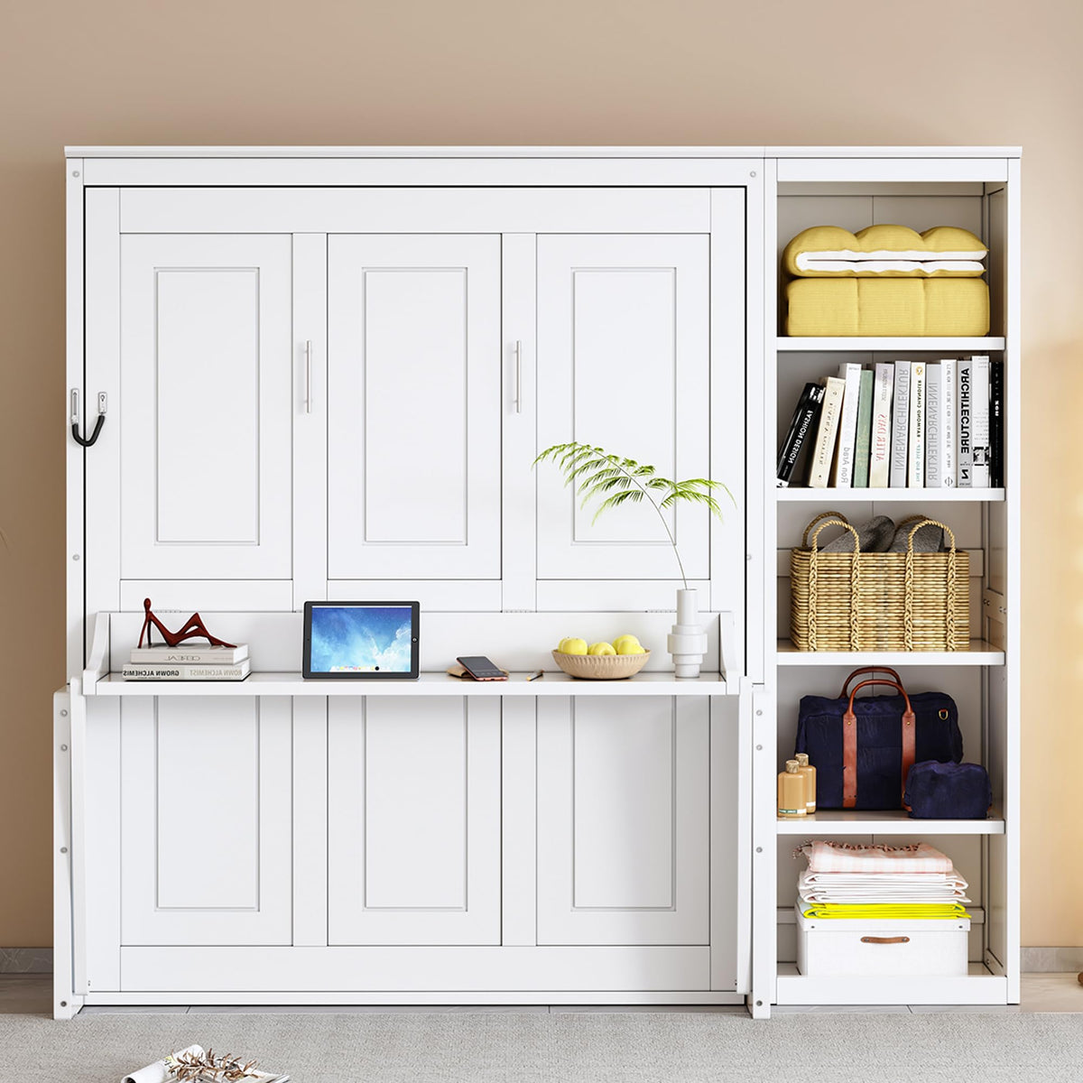 Wood Murphy Bed with Sofa, 4 Storage Shelves and USB Charging Station