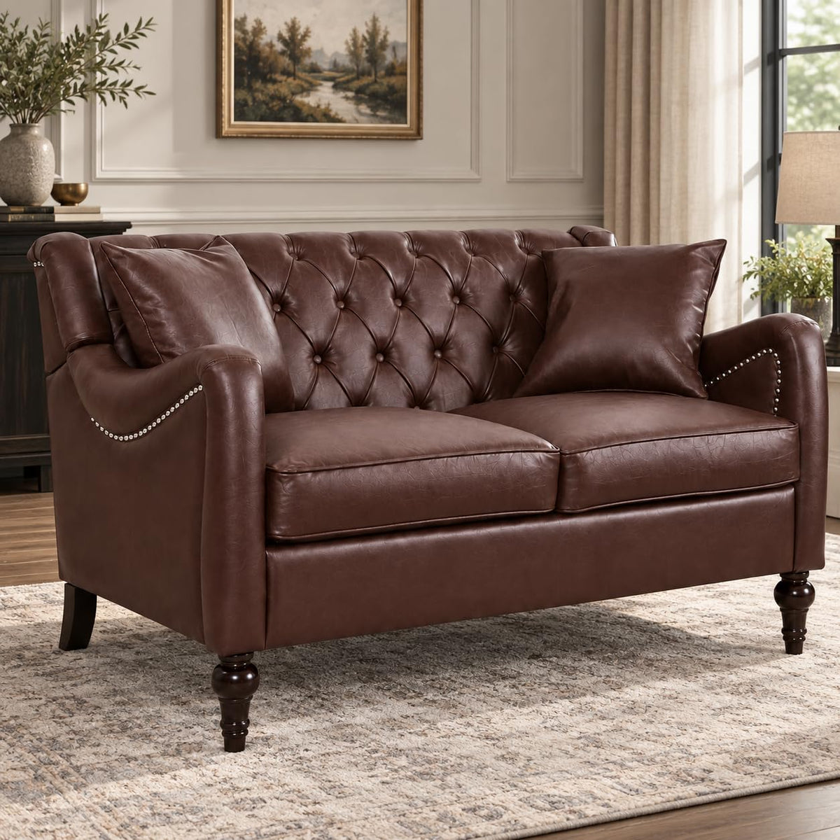 103" PU Leather Chesterfield L Shaped Sectional Sofa Couch, Dark Brown