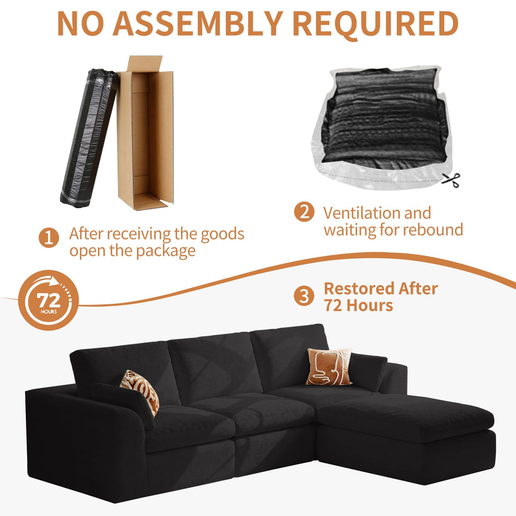 108" Cloud Couch Sectional, Ultra Soft Modular Sofa for Living Room, Comfy Deep Seat L Shaped Couch with Ottoman, No Assembly Required, Compressed Memory Foam Cloud-Like Sofa, Black