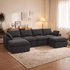 108" Boneless Cloud Couch, Modular L-Shaped Sectional with Ottoman, Beige