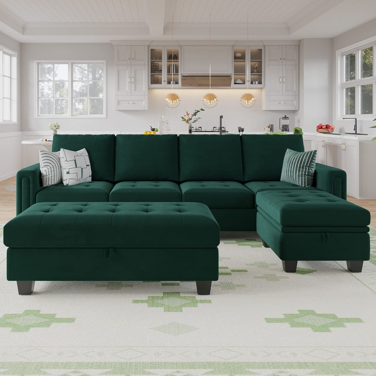 Belffin Velvet Convertible 4-Seat Sectional Sofa with Reversible Chaise L Shaped Sofa Couch Furniture Sets Sectional Couch with Storage Ottoman Blue