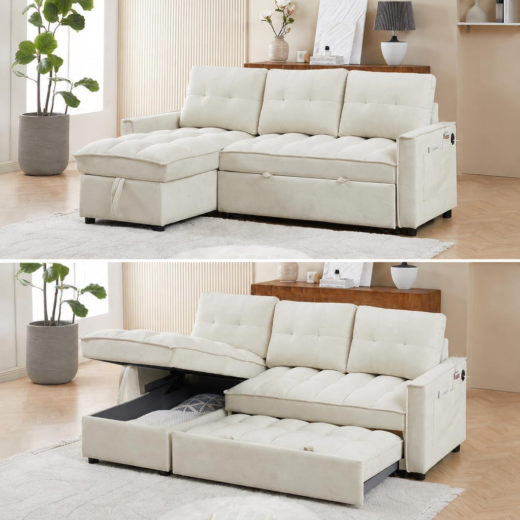 100" Modular Sectional Sleeper Sofa with Pull Out Bed/Side Table/USB Charging/Storage Chaise, Comfy Convertible Cloud Couch, U Shaped 7 Seat Corduroy Sofa with Cup Holders,Green