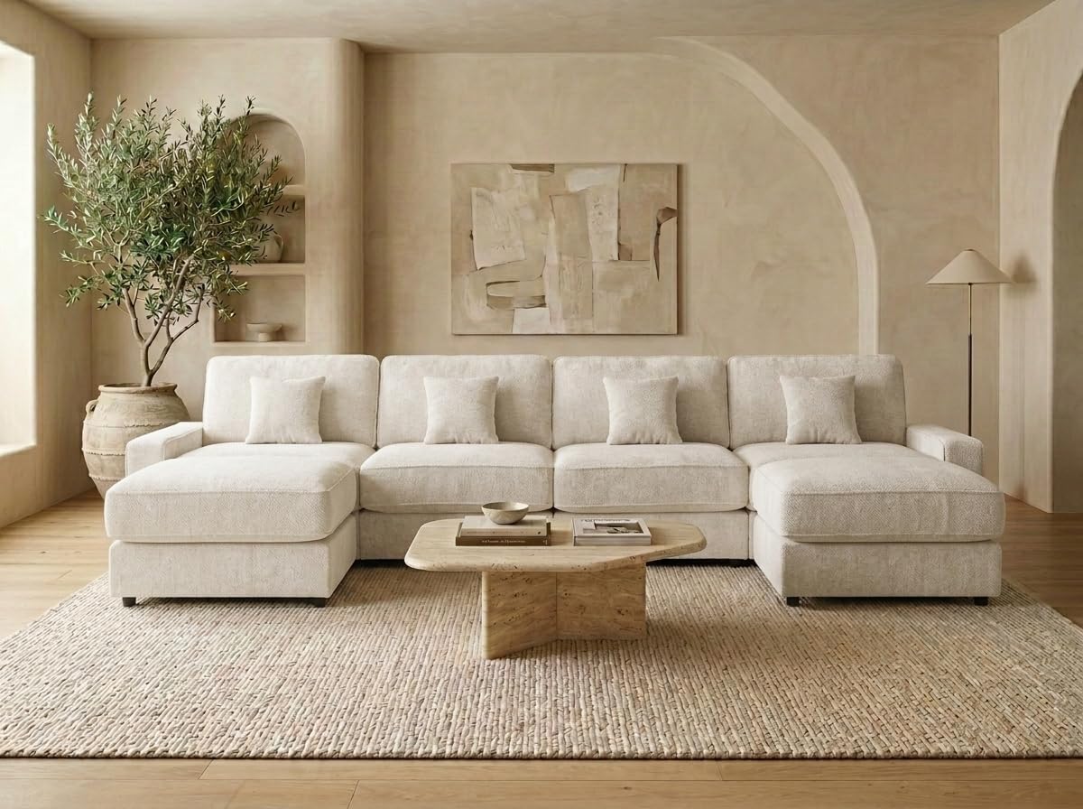 WEUP 148" Modular Sectional U Shaped Sofa Couches,Oversized Cloud Couch with Movable Ottoman,Comfy Chenille Sofa with Pillow,Side Pockets,for Living Room,Bedroom,Apartment,Beige