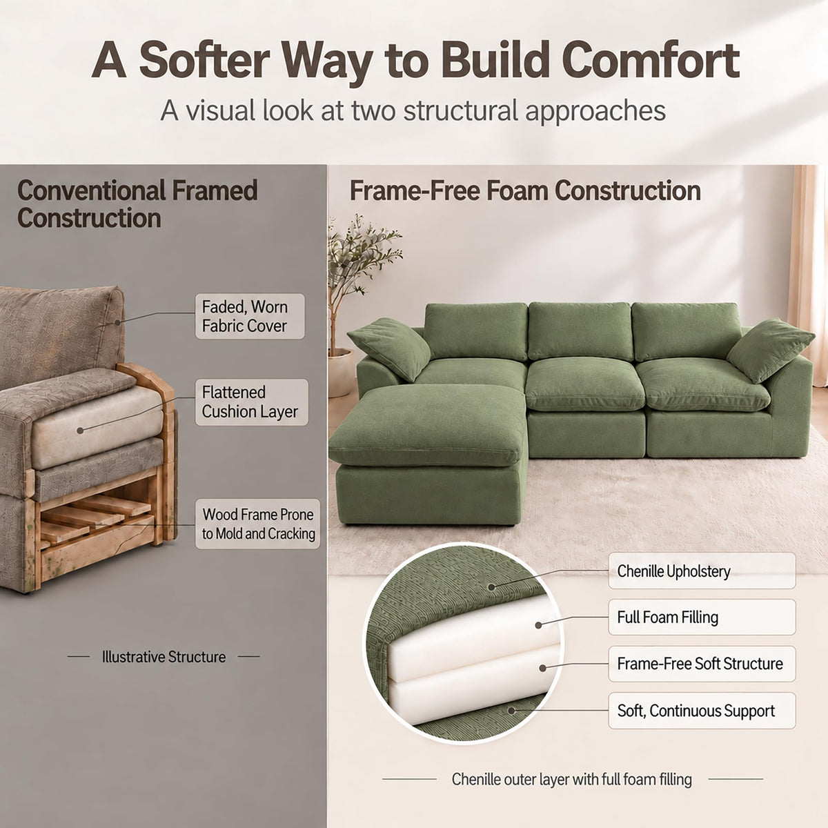108" Cloud Sectional Couches for Living Room with Ottoman,Green