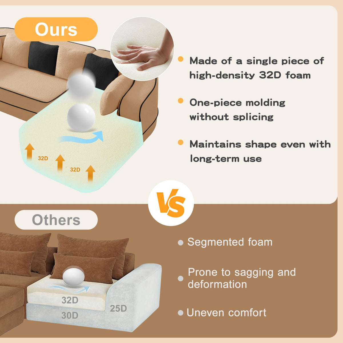 106" Fabric No Assembly 32D Boneless Sofa,Contrast Color Design,Fluffy Comfy Couch with L Shaped Chaise,for Living Room,Camel