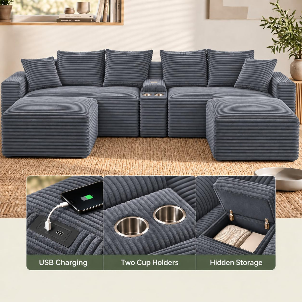 127" Cloud Modular Sectional Sofa, U Shaped Boneless Couch,Grey