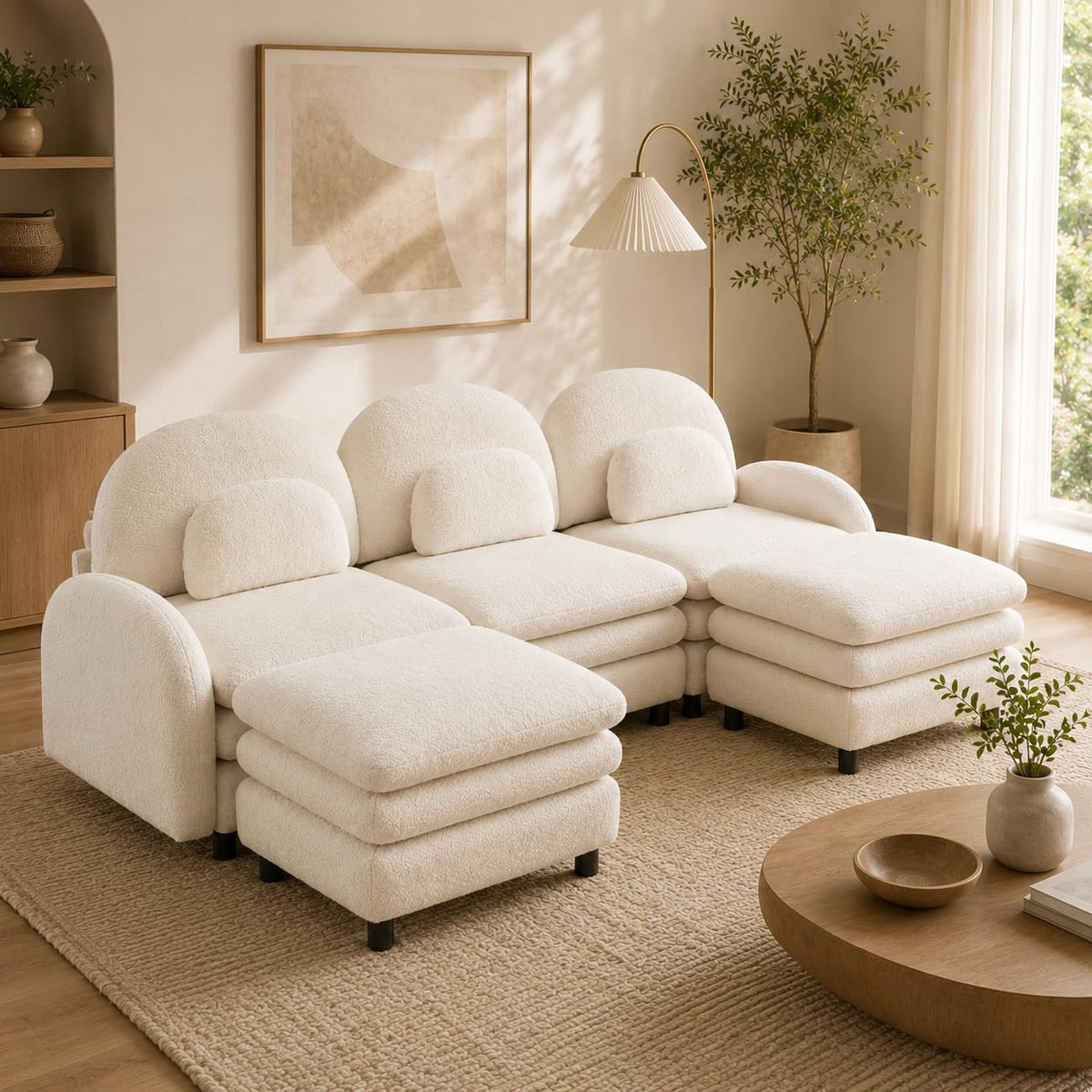 Teddy Fleece 3-Seat Modular Sofa with Curved Back and Double Cushions