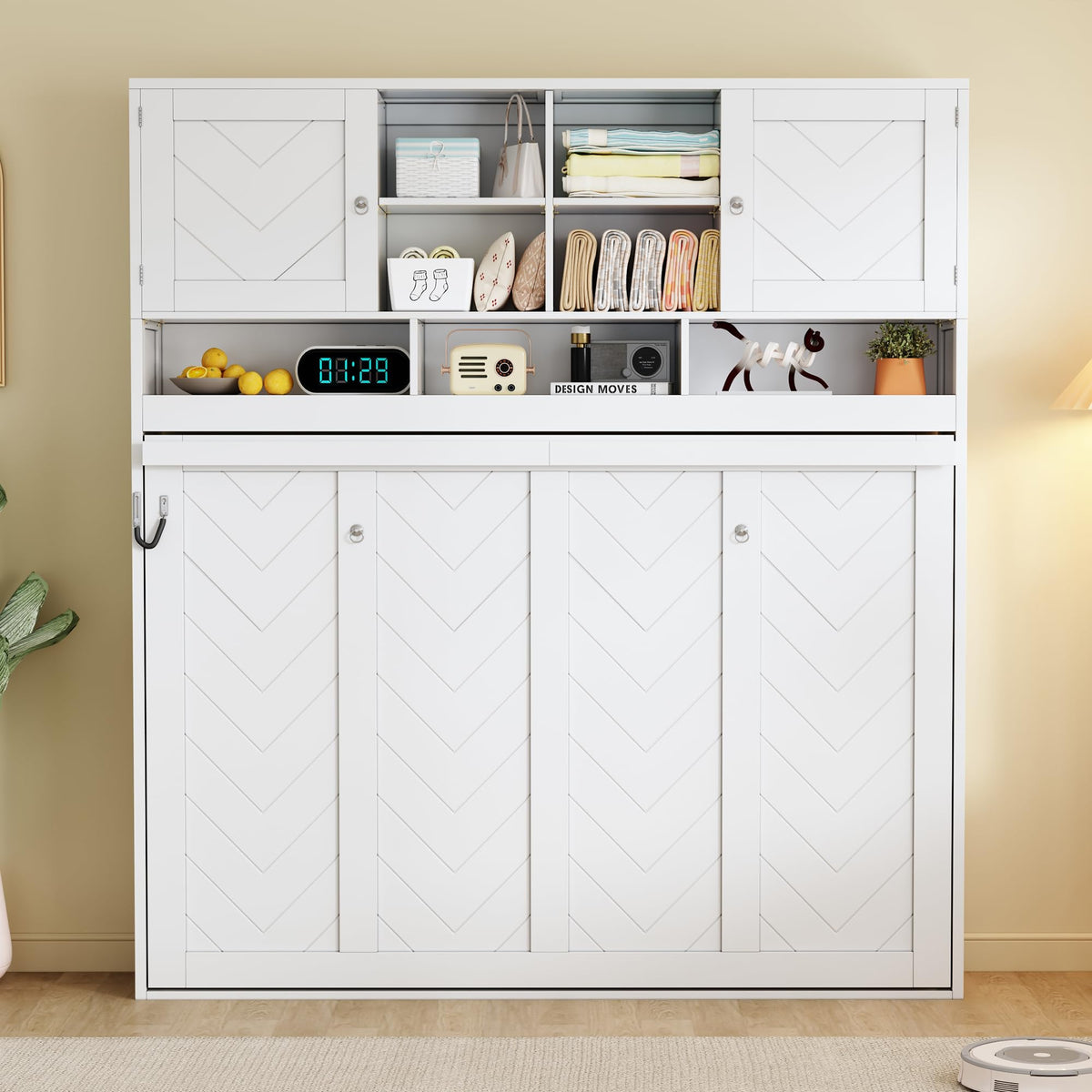 Twin Size Murphy Bed with Open Shelving, Sofa Front and Printed Panel