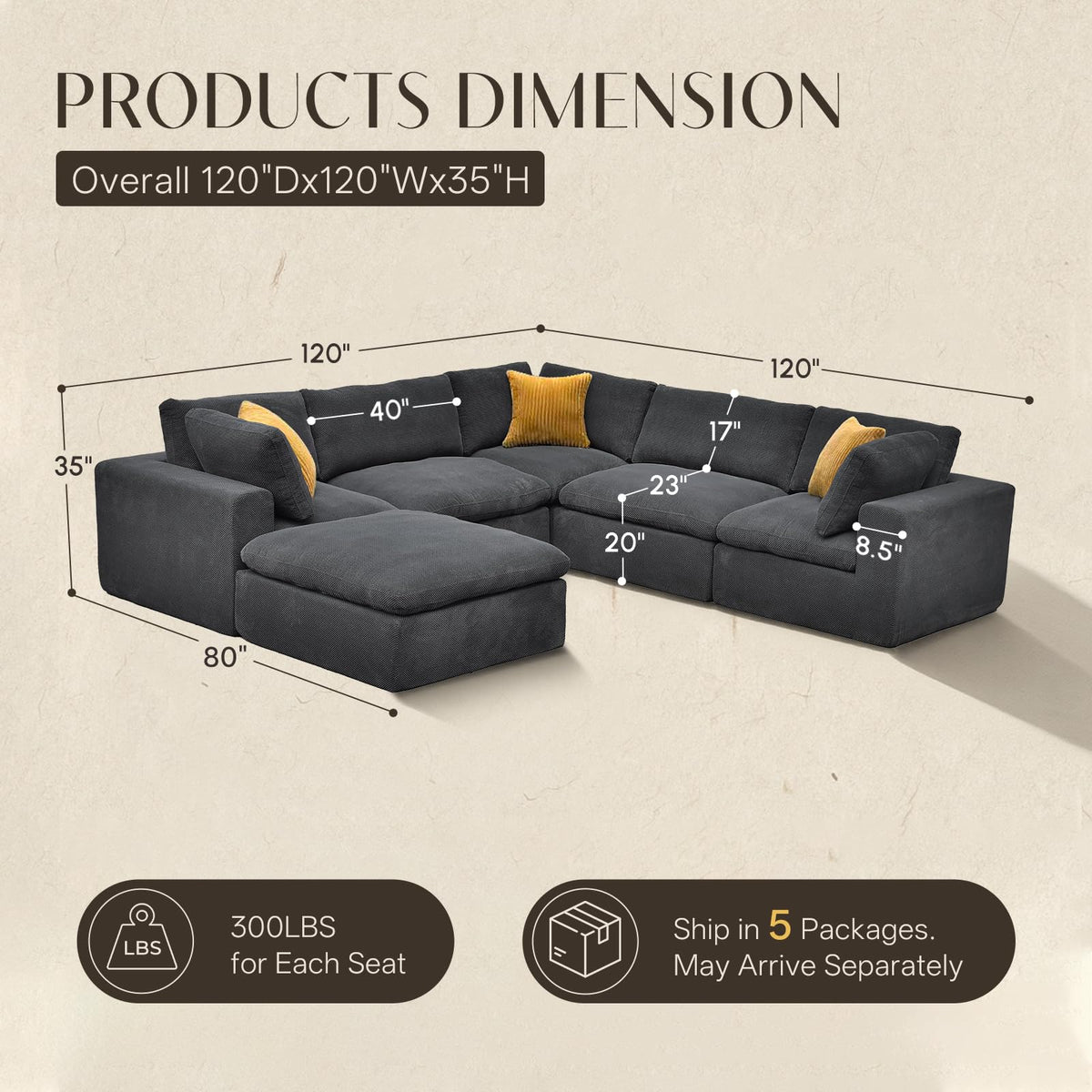 120" Oversized Modern Boneless Couch with Deep Seat,L-Shaped Upholstered Cloud Sectional Couch for Living Room,6 Seater Corner Sofa,No Assembly Required,Dark Gray