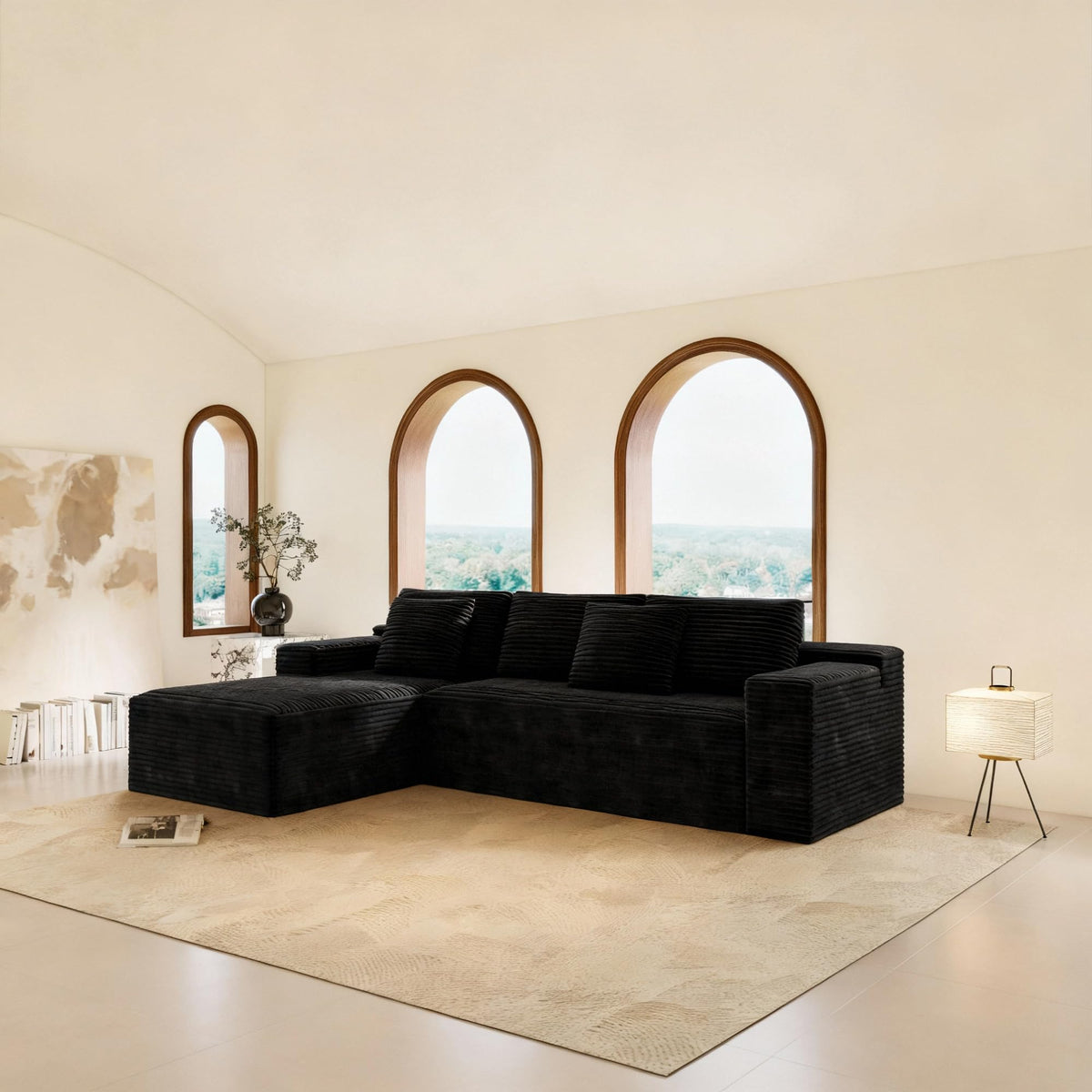 104.3" Cloud Sectional Couch with L Shape Chaise,Modular Sofa with Deep Seat, Upholstered Couches for Living Room Bedroom,No Assembly Required, Black(Plush Corduroy Fabric)