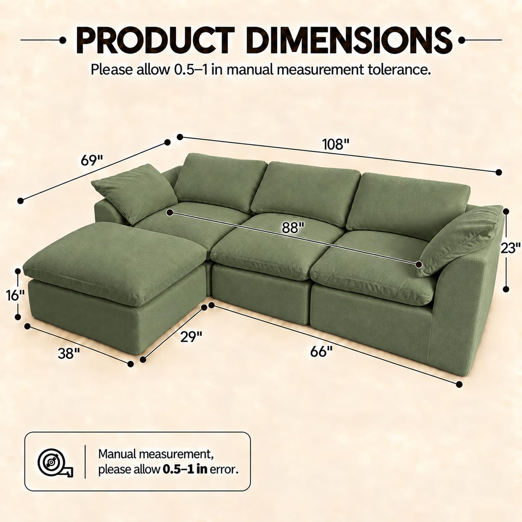 108" Cloud Sectional Couches for Living Room with Ottoman,Green