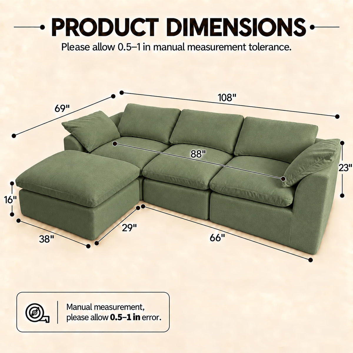 108" Cloud Sectional Couches for Living Room with Ottoman,Green