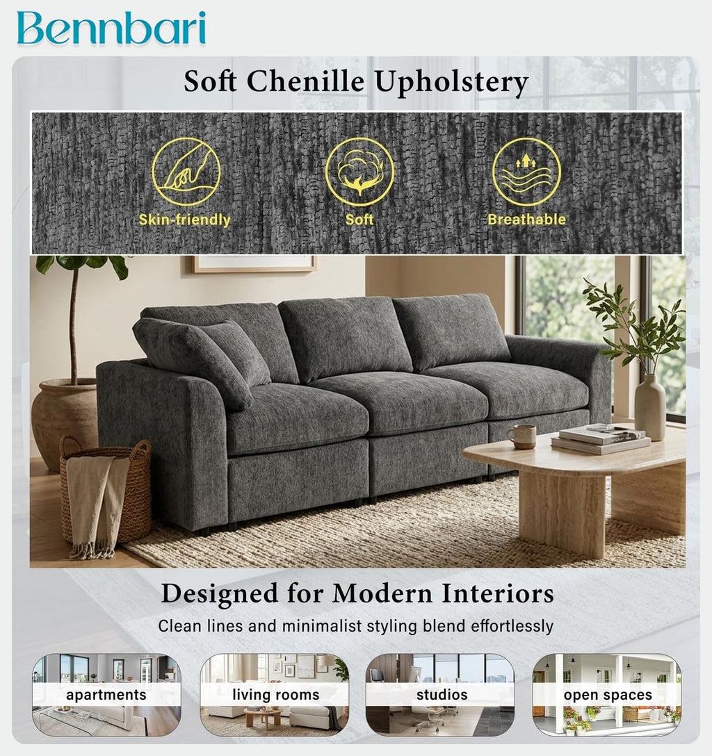 101.6 Inch Modern 3-Seater Sofa, Soft Chenille Fabric Couch with Solid Wood Frame, Layered Cushions, Deep Seat, Accent Pillow (Grey)