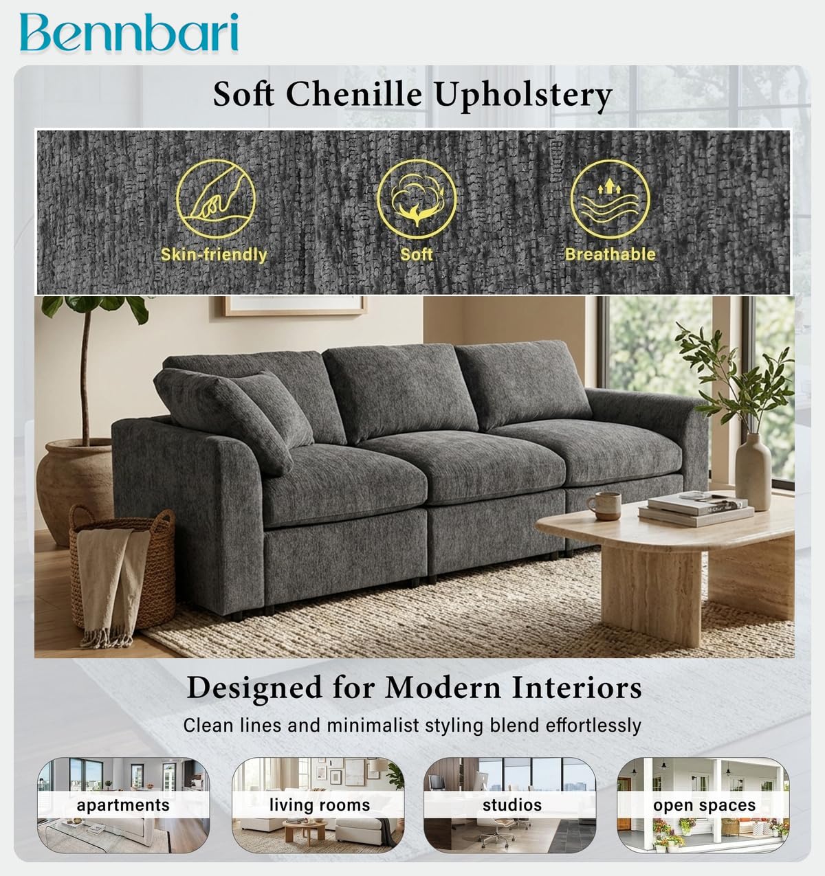 101.6 Inch Modern 3-Seater Sofa, Soft Chenille Fabric Couch with Solid Wood Frame, Layered Cushions, Deep Seat, Accent Pillow (Grey)