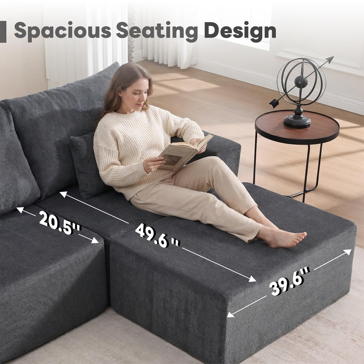 Tbfit Sectional Cloud Couch for Living Room, Comfy Boneless Sofa Bed with Angled Armrest, Modular Sofa with Wide & Deep Seat, Grey Chenille