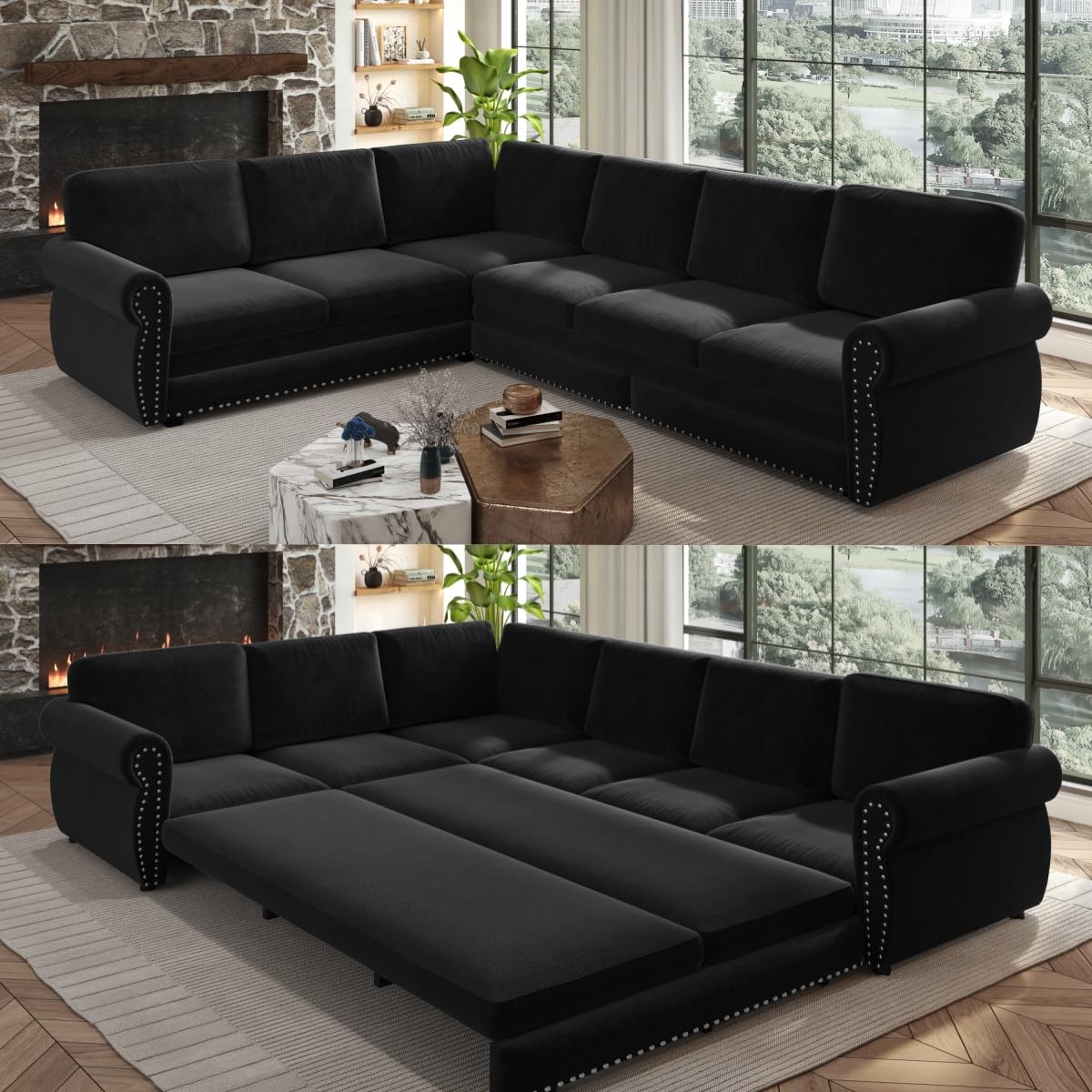 118" L-Shaped Sofa Couch with Pull-Out Bed,Oversize Convertible Sleeper Sofa with Nailhead Trim & Rolled Arm,Chenille Upholstered Sectional Couches, for Living Room, Black